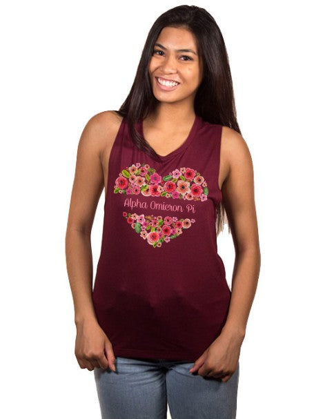 Alpha Omicron Pi Floral Heart Flowy Muscle Tank