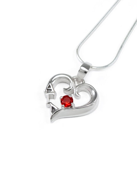 Alpha Gamma Delta Sterling Silver Heart Pendant with Colored Swarovski Crystal