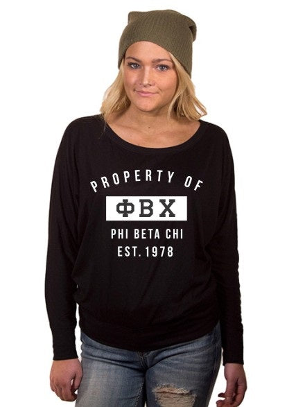 Phi Beta Chi Property of Flowy Long Sleeve Off Shoulder Tee