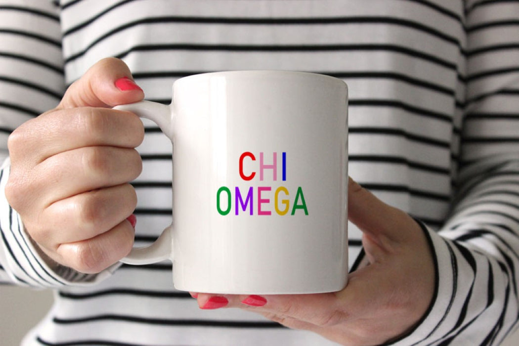 Chi Omega Coffee Mug with Rainbows - 15 oz