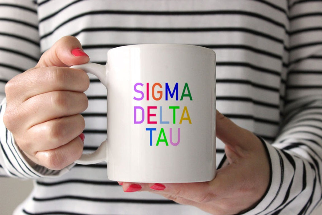 Sigma Delta Tau Coffee Mug with Rainbows - 15 oz