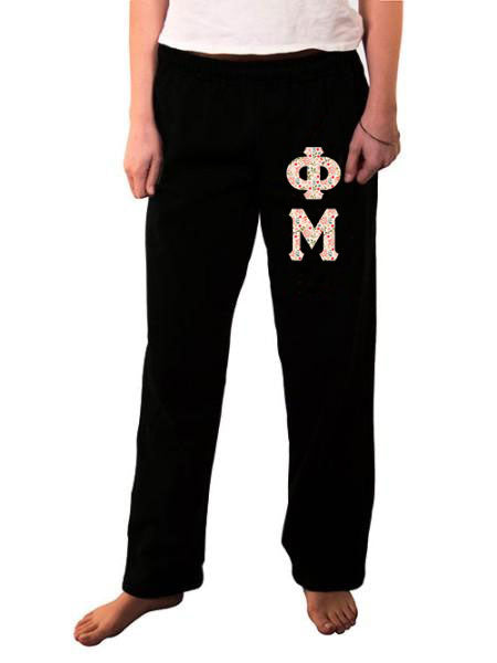 Phi Mu Open Bottom Sweatpants with Sewn-On Letters