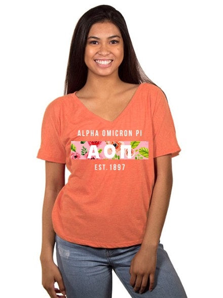 Alpha Omicron Pi Floral Letter Box Slouchy V-Neck Tee