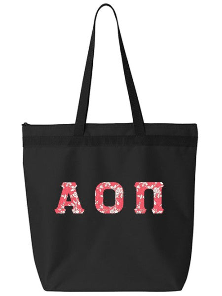 Alpha Omicron Pi Large Zippered Tote Bag with Sewn-On Letters