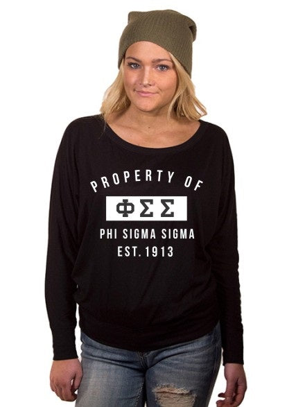 Phi Sigma Sigma Property of Flowy Long Sleeve Off Shoulder Tee