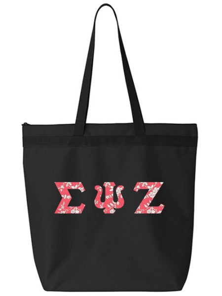 Sigma Psi Zeta Large Zippered Tote Bag with Sewn-On Letters