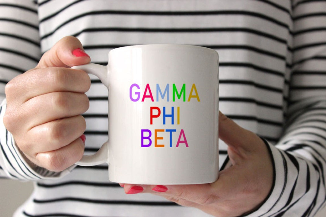 Gamma Phi Beta Coffee Mug with Rainbows - 15 oz