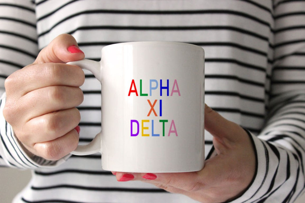 Alpha Xi Delta Coffee Mug with Rainbows - 15 oz