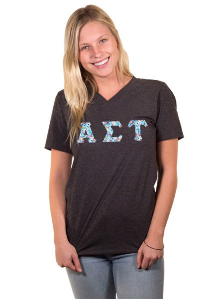 Alpha Sigma Tau Unisex V-Neck T-Shirt with Sewn-On Letters