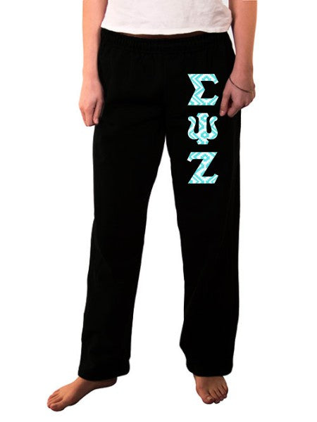 Sigma Psi Zeta Open Bottom Sweatpants with Sewn-On Letters